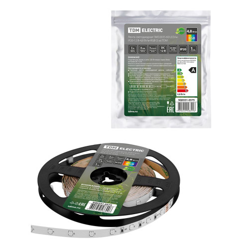 Лента светодиодная SMD2835-60 LED/м-IP20-12 В-4,8 Вт/м-RGB (5 м) TDM Лента светодиодная SMD2835-60 LED/м-IP20-12 В-4,8 Вт/м-RGB (5 м) TDM