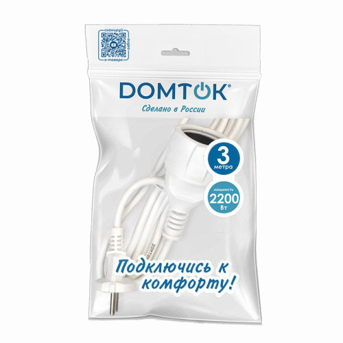 Удлинитель-шнур 1х3м без заземл. 10А IP20 ПВС 2х1 бел. DOMTOK 2336 Удлинитель-шнур 1х3м без заземл. 10А IP20 ПВС 2х1 бел. DOMTOK 2336
