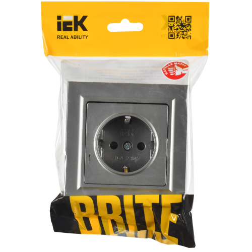 BRITE Розетка 1-местная с заземлением с защитными шторками 16А в сборе РСР14-1-0-БрС сталь IEK BRITE Розетка 1-местная с заземлением с защитными шторками 16А в сборе РСР14-1-0-БрС сталь IEK