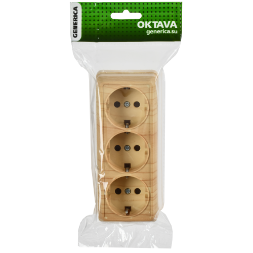OKTAVA Розетка 3-местная с заземлением для открытой установки 16А РС23-3-ОС сосна GENERICA