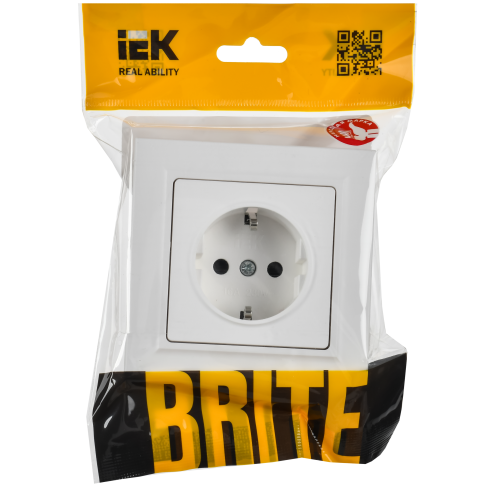 BRITE Розетка 1-местная с заземлением с защитными шторками 16А в сборе РСР14-1-0-БрАБ арктический белый IEK