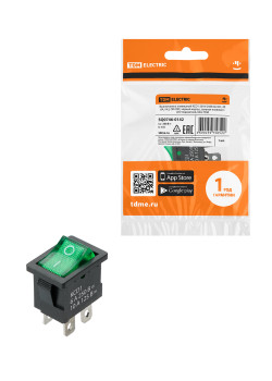 Выключатель клавишный KCD1-201N 250В AC/DC, 2P, 6А, (4с), ON-OFF, черный корпус, зеленая клавиша с LED подсветкой, Mini TDM