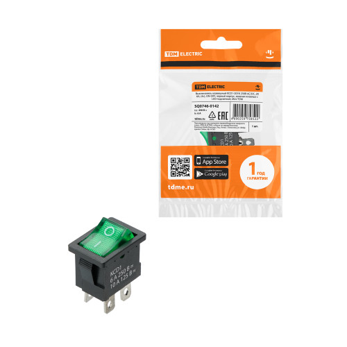 Выключатель клавишный KCD1-201N 250В AC/DC, 2P, 6А, (4с), ON-OFF, черный корпус, зеленая клавиша с LED подсветкой, Mini TDM