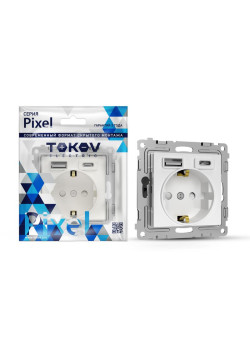 Розетка 1-м СП Pixel с заземл. с 2-мя заряд. устр. USB тип A+C IP20 механизм бел. TOKOV ELECTRIC TKE-PX-R1U2AC-C01