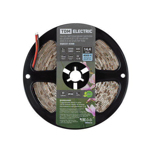 Лента светодиодная SMD5050-60 LED/м-IP20-12 В-14,4 Вт/м-4000 К (5 м) блистер TDM Лента светодиодная SMD5050-60 LED/м-IP20-12 В-14,4 Вт/м-4000 К (5 м) блистер TDM
