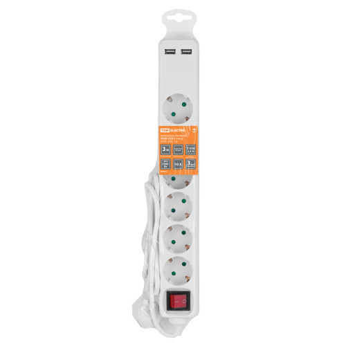 Удлинитель бытовой У06В-USB 6 гнезд, 2USB 2,4А, 3 м, вык., з/к, ПВС 3х0,75мм2 10А/250В белый TDM Удлинитель бытовой У06В-USB 6 гнезд, 2USB 2,4А, 3 м, вык., з/к, ПВС 3х0,75мм2 10А/250В белый TDM