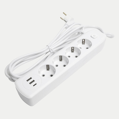 Удлинитель 4-местный c/з 3x1 мм2, 3 м, 250В, 10А, 2USB+1Type-C 2,4А, серия Home plus, белый STEKKER HM08-43-02 Удлинитель 4-местный c/з 3x1 мм2, 3 м, 250В, 10А, 2USB+1Type-C 2,4А, серия Home plus, белый STEKKER HM08-43-02