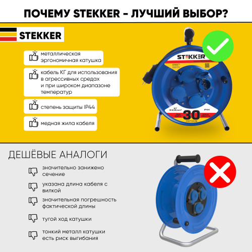 Удлинитель на металлической катушке с/з 4-местный Stekker, PRF02-41-30, 30м, 3*2,5, серия Professional, синий Удлинитель на металлической катушке с/з 4-местный Stekker, PRF02-41-30, 30м, 3*2,5, серия Professional, синий