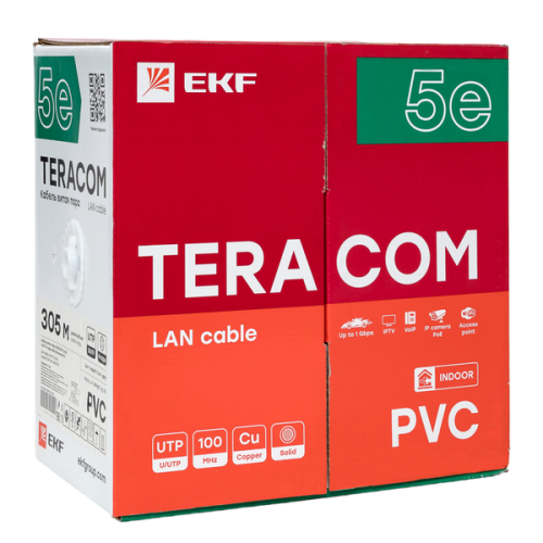 Витая пара TERACOM Cat.5E U/UTP 4 п. solid PVC сер. (305м) Витая пара TERACOM Cat.5E U/UTP 4 п. solid PVC сер. (305м)