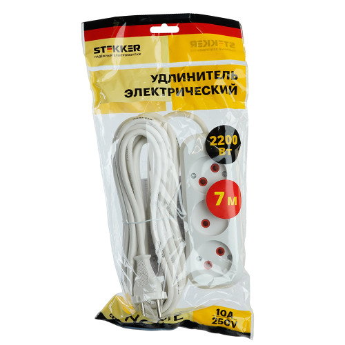 Удлинитель 3-местный б/з Stekker, HM01-30-07, 7м, 2x0,75, серия Home (У10-430), белый