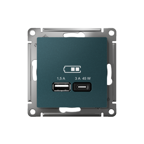 ATLASDESIGN USB РОЗЕТКА A + тип-C 45Вт высокоскор.заряд. QC, PD, механизм, ИЗУМРУД ATLASDESIGN USB РОЗЕТКА A + тип-C 45Вт высокоскор.заряд. QC, PD, механизм, ИЗУМРУД