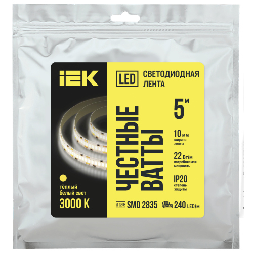 Лента светодиодная 5м SMD2835 240LED/м 22Вт/м IP20 ширина 10мм 24В теплый белый IEK