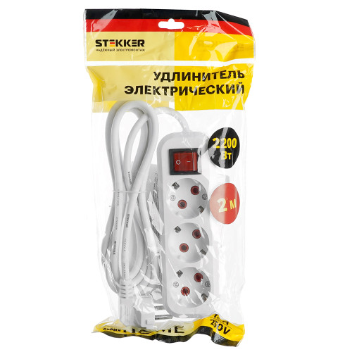Удлинитель трехместный с/з с выключателем STEKKER HM03-31-02 3x0,75, 2м, серия Home (У10А-002), белый