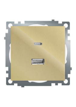 Розетка 2-местная USB + type C (механизм), 250В, 3А, max 20W, STEKKER, GLS10-7116-08, серия Катрин, золото