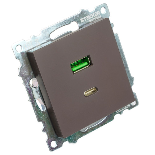 Розетка 2-местная USB + type C, STEKKER GLS10-7116-04, 250В, 3А, max 20W,серия Катрин, шоколад Розетка 2-местная USB + type C, STEKKER GLS10-7116-04, 250В, 3А, max 20W,серия Катрин, шоколад