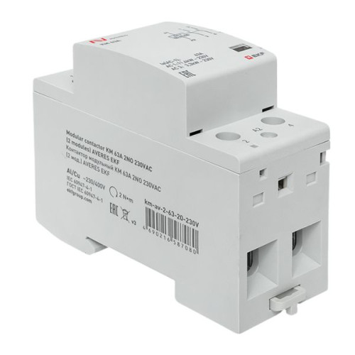 Контактор модульный КМ 63А 2NO 230В АС (2 мод.) AVERES EKF Контактор модульный КМ 63А 2NO 230В АС (2 мод.) AVERES EKF