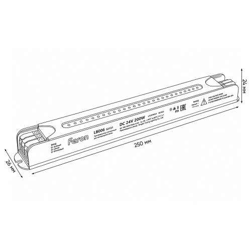 Трансформатор для светодиодной ленты с диммированием 200W 24V IP20 , клипсы, LB006 Трансформатор для светодиодной ленты с диммированием 200W 24V IP20 , клипсы, LB006