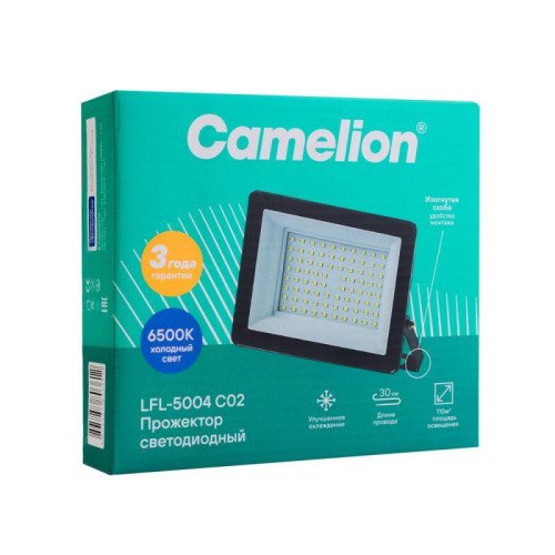 Прожектор LFL-5004 C02 (LED SMD 50Вт 5000лм 230В 6500К 153х136х30) черн. Camelion 16332 Прожектор LFL-5004 C02 (LED SMD 50Вт 5000лм 230В 6500К 153х136х30) черн. Camelion 16332