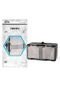 Розетка 2-м ОП Dita 16А IP54 250В с заземл. с прозр. крышкой карбонTOKOV ELECTRIC TKL-DT-R2Z-C14T-IP54