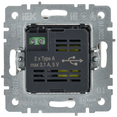 BRITE Розетка USB A+A 5В 3,1А РЮ10-1-БрБ белый IEK BRITE Розетка USB A+A 5В 3,1А РЮ10-1-БрБ белый IEK