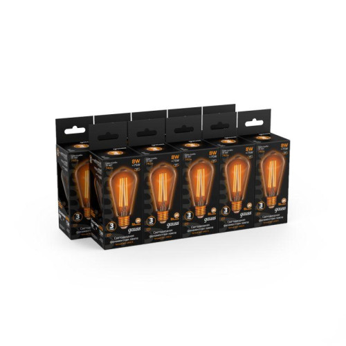 Лампа светодиодная филаментная Black Filament 8Вт ST64 золотая 2400К тепл. бел. E27 740лм GAUSS 157802008 Лампа светодиодная филаментная Black Filament 8Вт ST64 золотая 2400К тепл. бел. E27 740лм GAUSS 157802008
