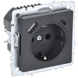 BRITE Розетка 1-местная с заземлением с защитными шторками 16А с USB A+C 18Вт РЮш11-1-БрГ графит IEK