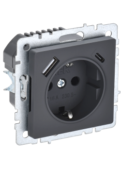 BRITE Розетка 1-местная с заземлением с защитными шторками 16А с USB A+C 18Вт РЮш11-1-БрГ графит IEK