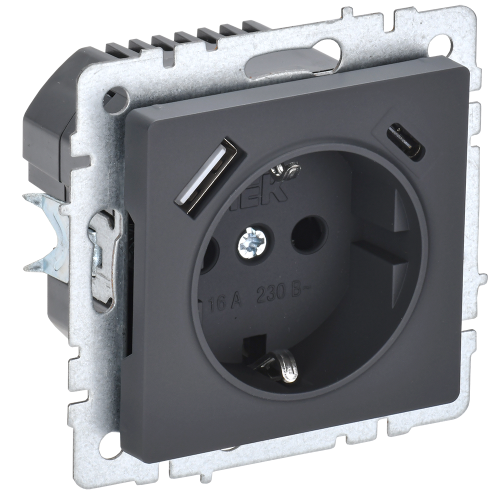 BRITE Розетка 1-местная с заземлением с защитными шторками 16А с USB A+C 18Вт РЮш11-1-БрГ графит IEK