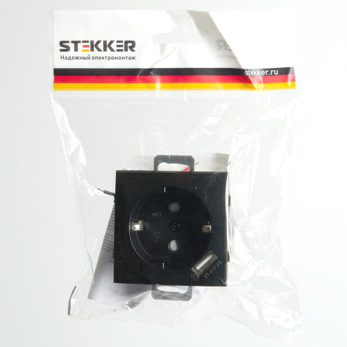 Розетка 1-местная с/з (механизм), STEKKER, PST16-9111-03, 250В, 16А с защ. шторкой и с USB, серия Эрна, черный Розетка 1-местная с/з (механизм), STEKKER, PST16-9111-03, 250В, 16А с защ. шторкой и с USB, серия Эрна, черный