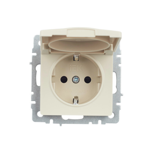 BRITE Розетка 1-местная с заземлением с защитными шторками и крышкой 16А IP44 РСбш10-3-44-БрКр бежевый IEK