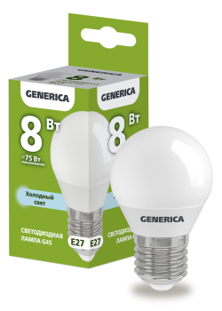 Лампа светодиодная G45 шар 8Вт 230В 6500К E27 GENERICA