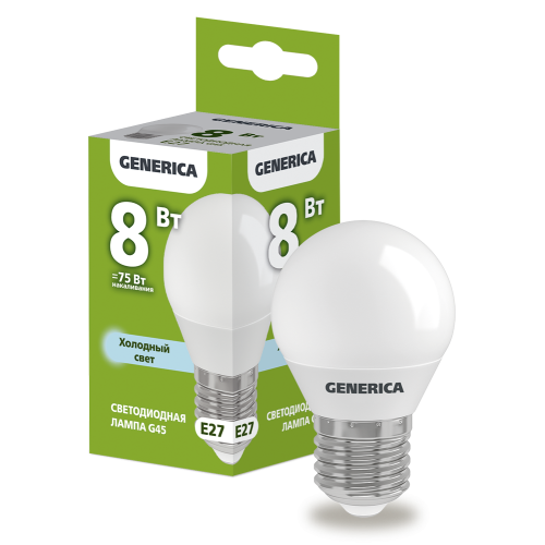 Лампа светодиодная G45 шар 8Вт 230В 6500К E27 GENERICA
