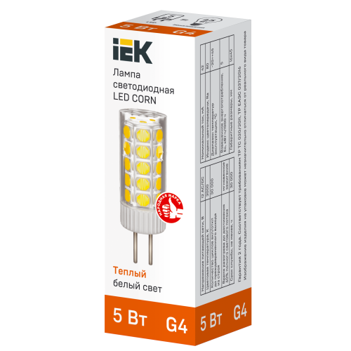 Лампа светодиодная CORN капсула 5Вт 12В 3000К керамика G4 IEK Лампа светодиодная CORN капсула 5Вт 12В 3000К керамика G4 IEK
