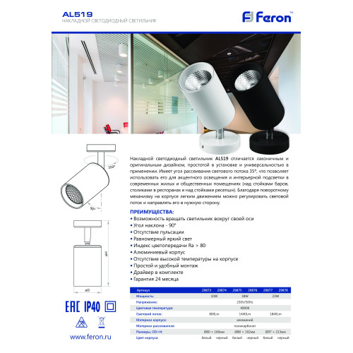 Светодиодный светильник Feron AL519 накладной 10W 4000K белый наклонный Светодиодный светильник Feron AL519 накладной 10W 4000K белый наклонный