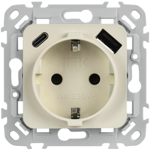 FLITE Розетка 1-местная с заземлением с защитными шторками 16А с USB A+C 20Вт безвинтовое крепление РСЮшс11-1-ФлСл сливочный IEK