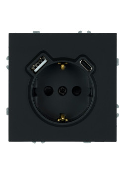 Розетка 1-местная з/ш с/з 16А + USB + Type C (механизм), Stekker, 250В, 20W, серия Эмили, черный уголь, soft-touch, RST16-5119-05