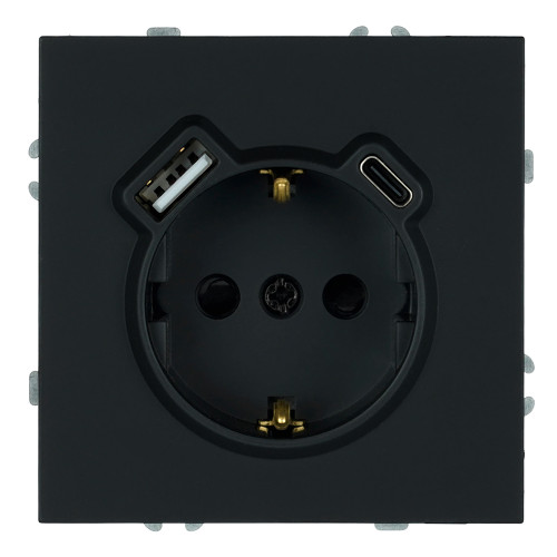 Розетка 1-местная з/ш с/з 16А + USB + Type C (механизм), Stekker, 250В, 20W, серия Эмили, черный уголь, soft-touch, RST16-5119-05