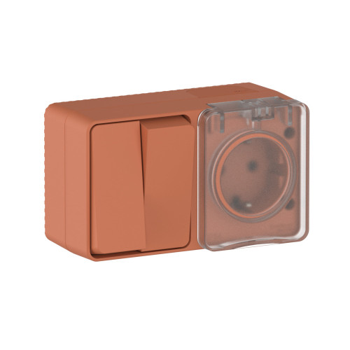 ATLASDESIGN PROFI IP54 О/У БЛОК: РОЗЕТКА с заземл. со шт., 16А, ВЫКЛЮЧАТЕЛЬ 2-клав., 10АХ, ТЕРРАКОТОВЫЙ