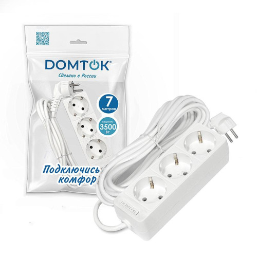 Удлинитель 3х7м с заземл. 16А IP20 3.5кВт ПВС 3х1 бел. DOMTOK 2393 Удлинитель 3х7м с заземл. 16А IP20 3.5кВт ПВС 3х1 бел. DOMTOK 2393