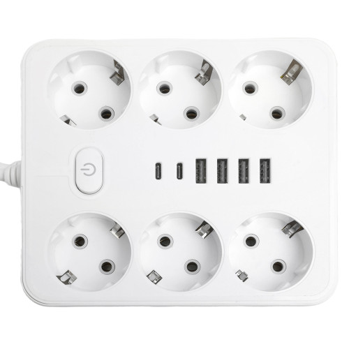 Удлинитель 6-местный c/з 3x1 мм2, 1,8 м, 250В, 10А, 4USB+2Type-C 2,4А, серия Home plus, белый STEKKER HM09-66-02 Удлинитель 6-местный c/з 3x1 мм2, 1,8 м, 250В, 10А, 4USB+2Type-C 2,4А, серия Home plus, белый STEKKER HM09-66-02