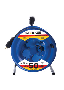 Удлинитель на металлической катушке с/з 4-местный Stekker, PRF02-31-50, 50м, 3*1,5, серия Professional, синий