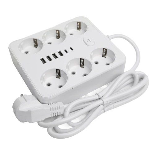 Удлинитель 6-местный c/з 3x1 мм2, 1,8 м, 250В, 10А, 4USB+2Type-C 2,4А, серия Home plus, белый STEKKER HM09-66-02 Удлинитель 6-местный c/з 3x1 мм2, 1,8 м, 250В, 10А, 4USB+2Type-C 2,4А, серия Home plus, белый STEKKER HM09-66-02