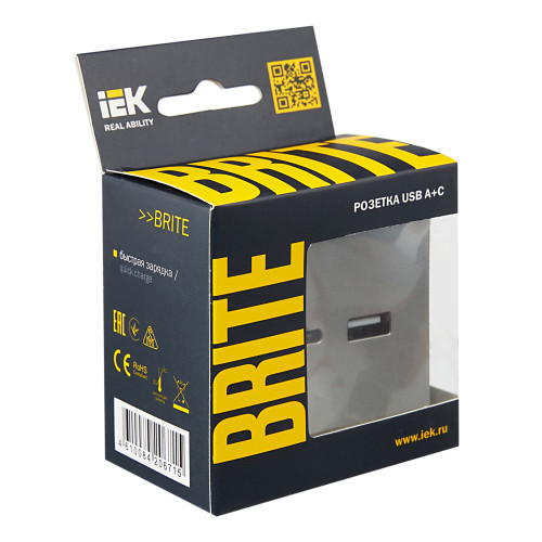 BRITE Розетка USB A+C 18Вт РЮ11-1-БрС сталь IEK BRITE Розетка USB A+C 18Вт РЮ11-1-БрС сталь IEK