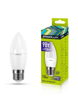 Лампа светодиодная LED-C35-9W-E27-6К Свеча 9Вт E27 6500К 172-265В Ergolux 13172