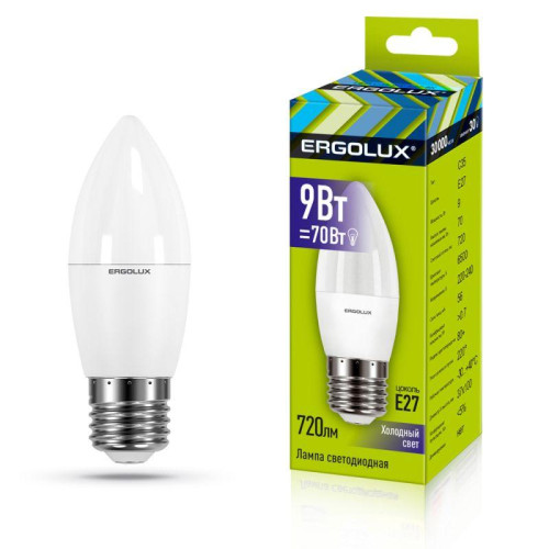 Лампа светодиодная LED-C35-9W-E27-6К Свеча 9Вт E27 6500К 172-265В Ergolux 13172