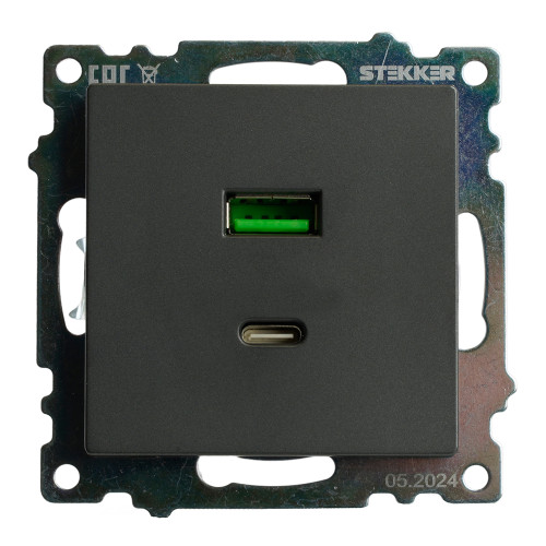 Розетка 2-местная USB + type C (механизм), 250В, 3А, max 20W, серия Катрин, графит, GLS10-7116-06 Розетка 2-местная USB + type C (механизм), 250В, 3А, max 20W, серия Катрин, графит, GLS10-7116-06