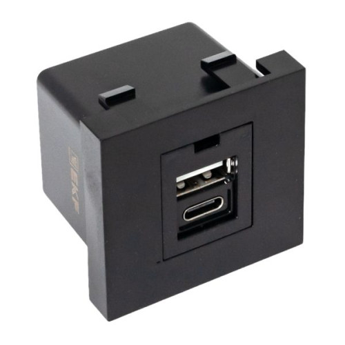 Розетка USB A+C, 2.1А, 2 гнезда, без индикатора, черная, матовая EKF Розетка USB A+C, 2.1А, 2 гнезда, без индикатора, черная, матовая EKF