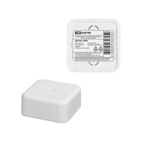 Коробка распаячная КР 50х50х20 ОП белая, IP40, инд. штрихкод TDM