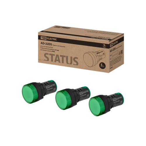 STATUS Лампа сигнальная AD-22DS, LED, d22 мм, 24-440 В AC/DC, IP65, зеленый TDM