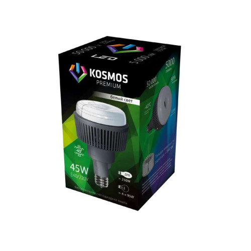 Лампа светодиодная KOSMOS premium 45Вт E40 230В 4500К 5000Лм (переходник с E40 на E27 в комплекте) Космос KHWLED45WE4045 Лампа светодиодная KOSMOS premium 45Вт E40 230В 4500К 5000Лм (переходник с E40 на E27 в комплекте) Космос KHWLED45WE4045